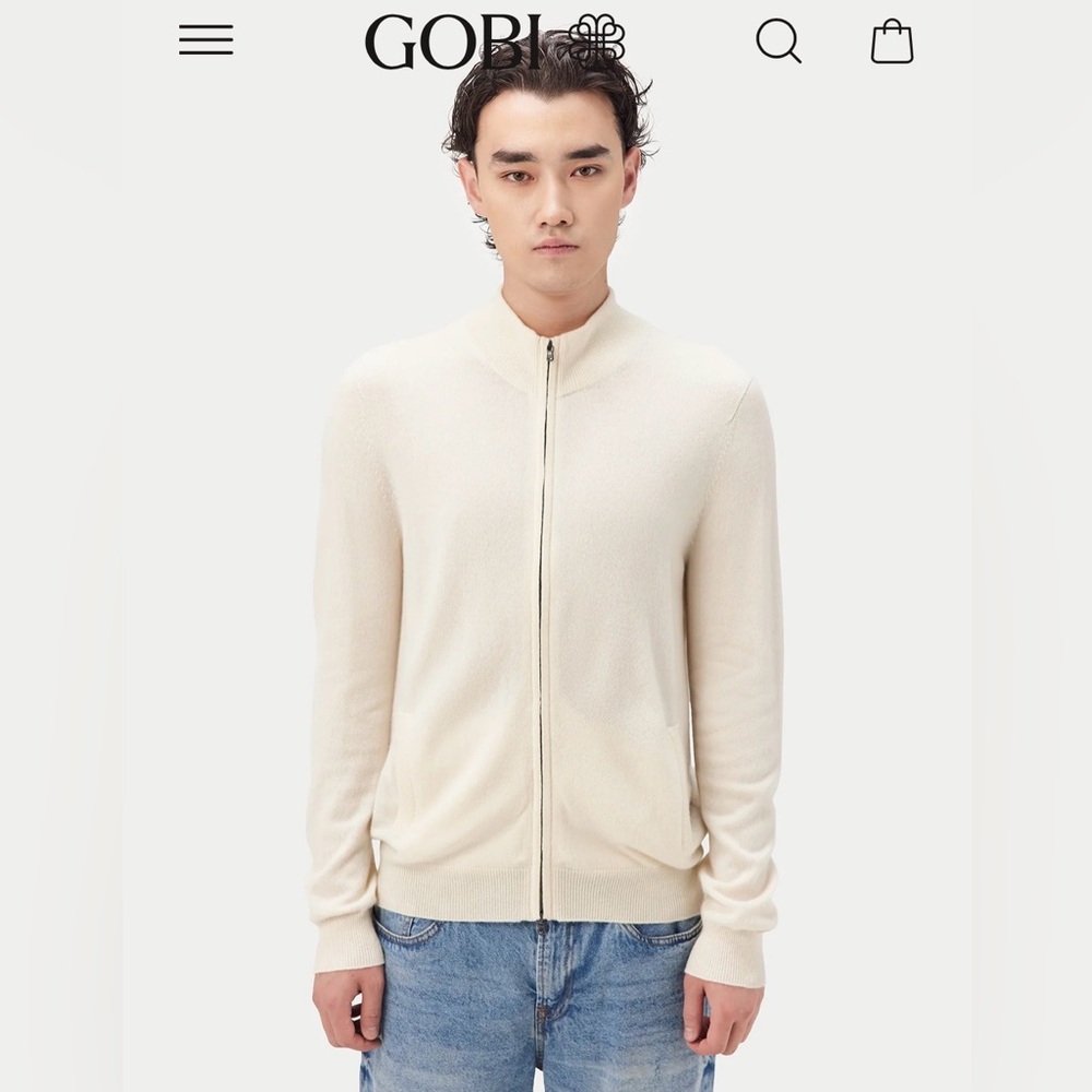 Goby
Essential Full-Zip Cashmere Cardigan 
Men's Cream Sweater